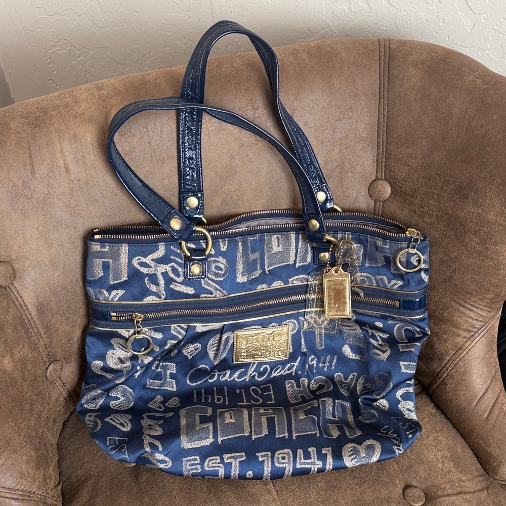 Coach Navy and Gold Graphic Shoulder Bag